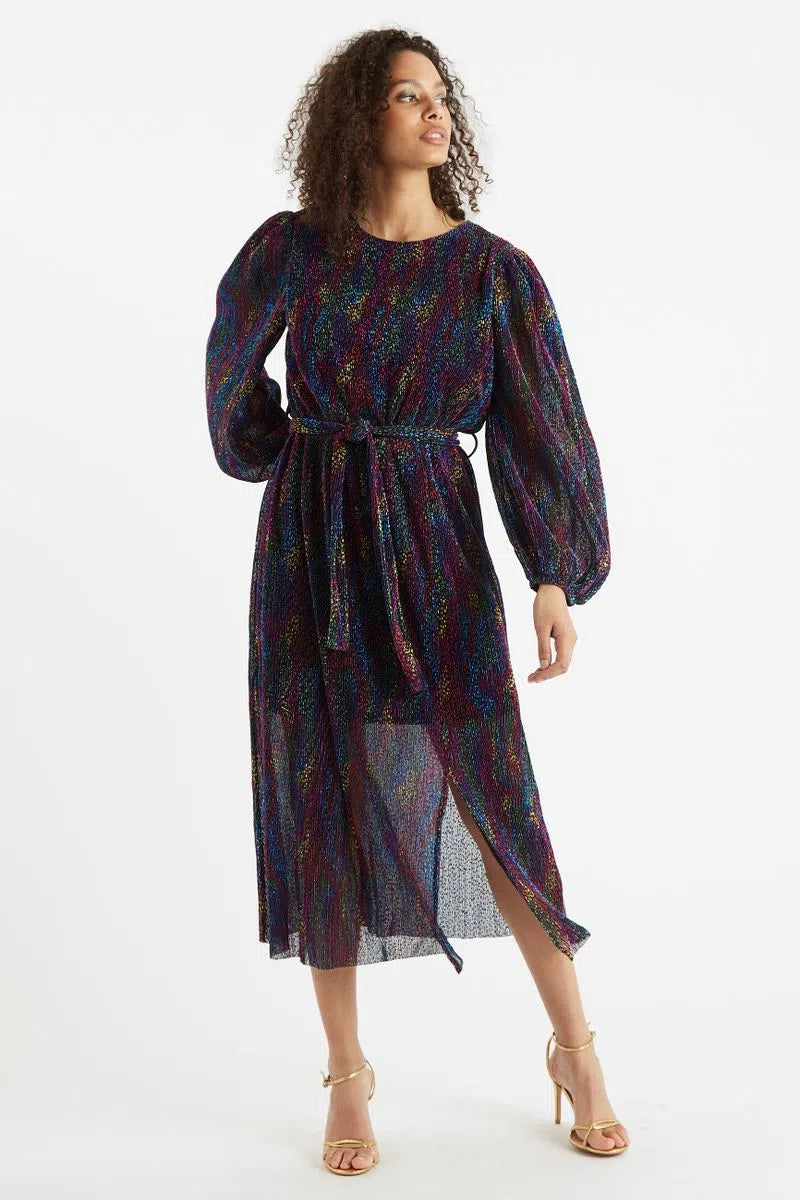 Louche Roza Plisse Foil Print V Back Midi Dress