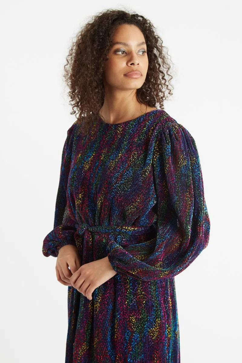 Louche Roza Plisse Foil Print V Back Midi Dress