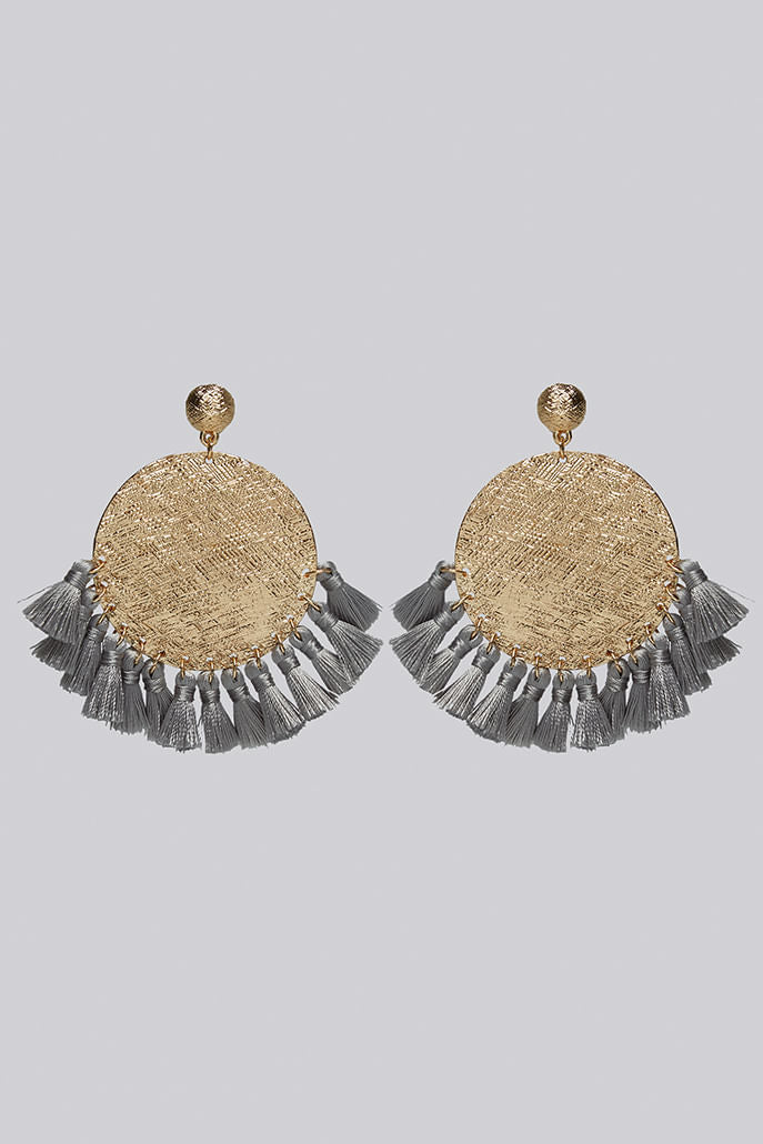 Louche Sally Large Gold Disc and Tassel Earrings - Styled