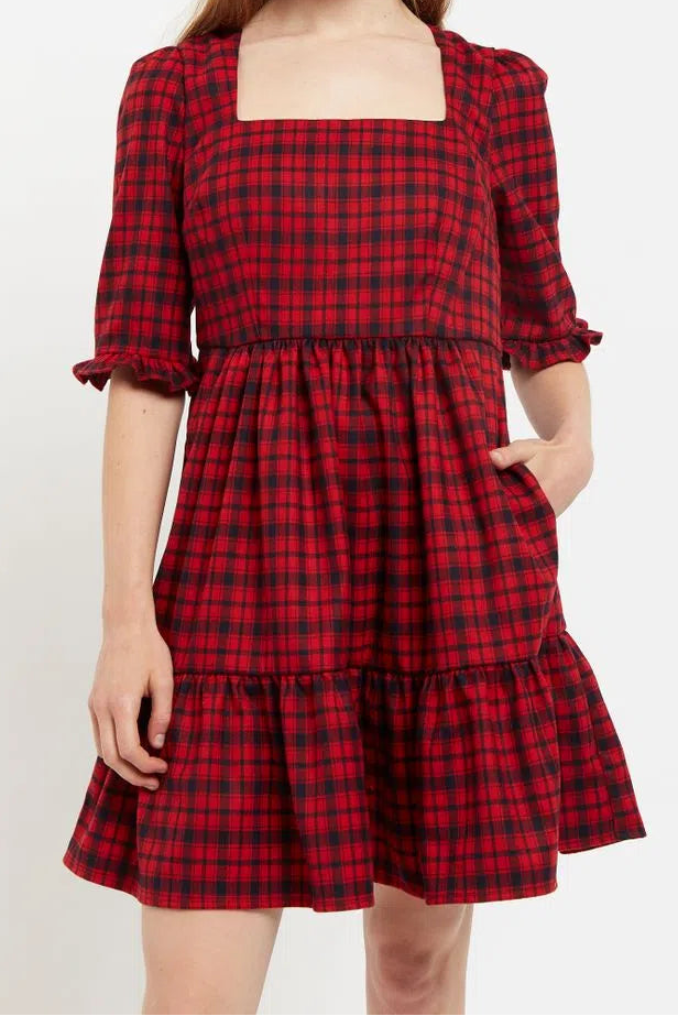 Sassa Winter Gingham Tiered Mini Dress in Red and Black - Back