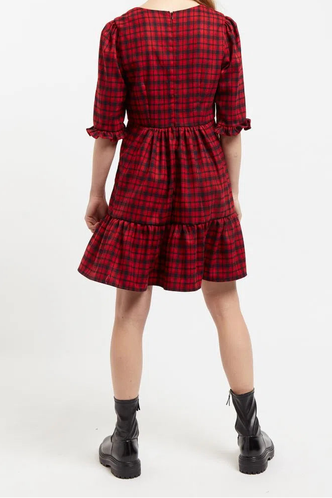 Sassa Winter Gingham Tiered Mini Dress in Red and Black - Detail 1