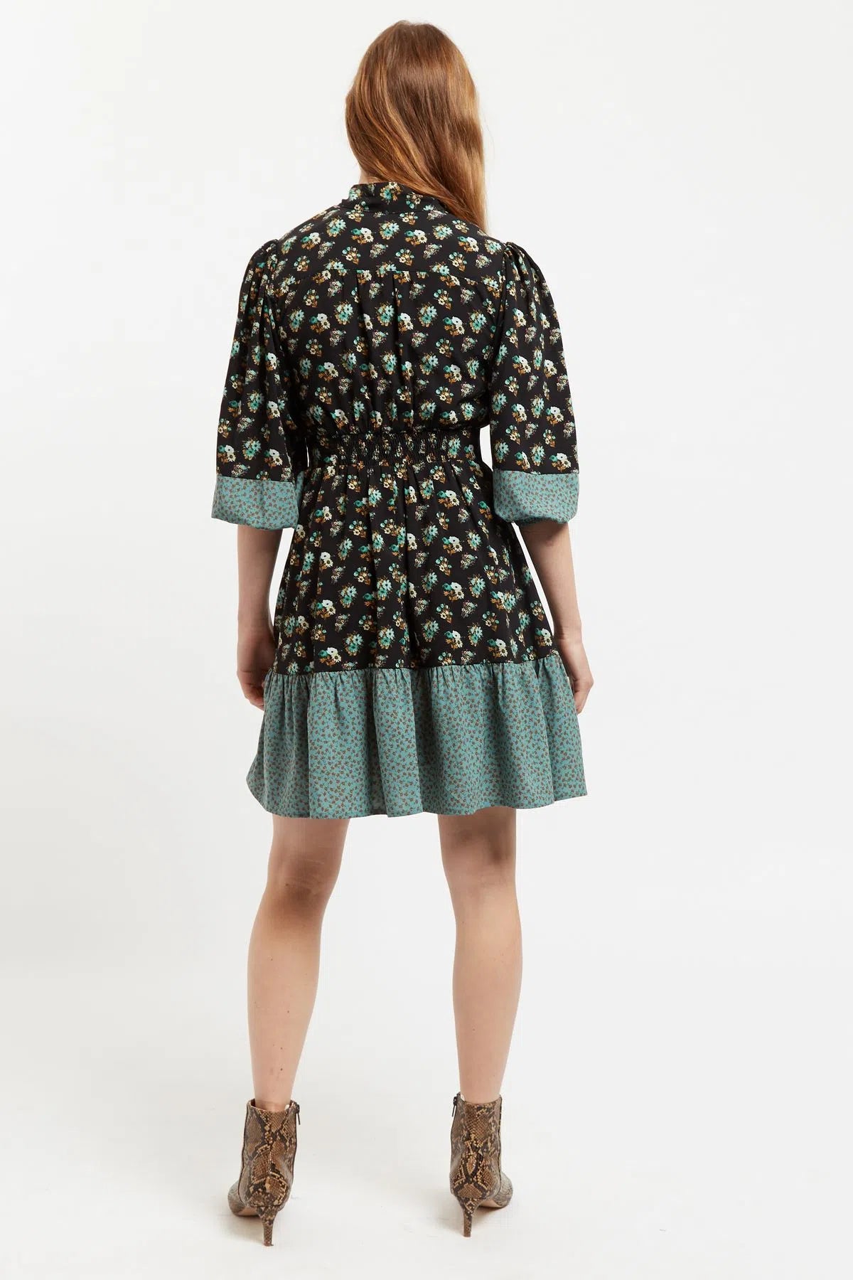 Louche Stina Posy Patchwork Print Tiered Tie Neck Mini Dress - Back