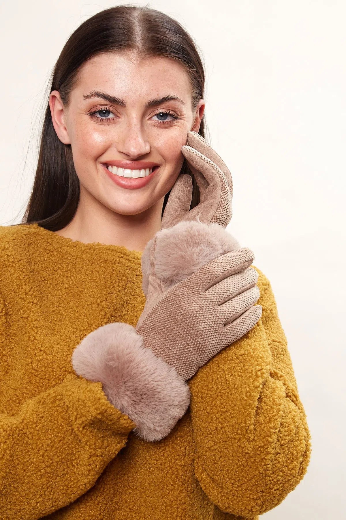 Louche Emer Faux Suede And Fur Cuffed Touch Screen Gloves - Stone