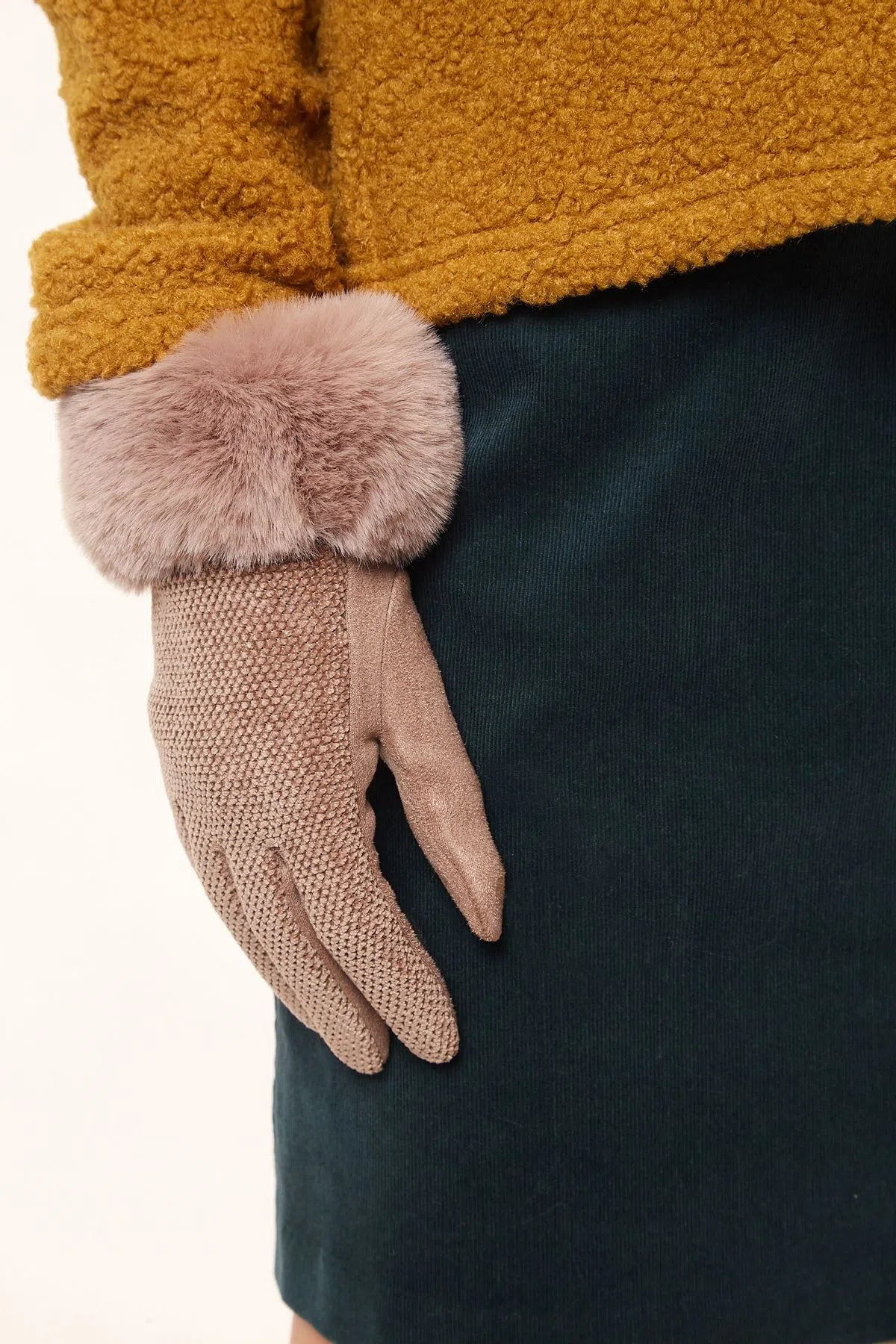 Louche Emer Faux Suede And Fur Cuffed Touch Screen Gloves - Stone - Detail 1