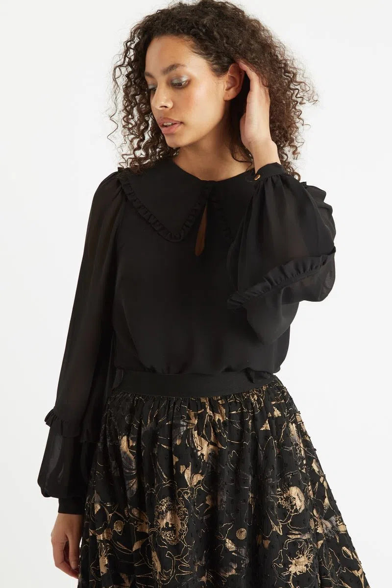 Louche Tuppence Statement Collar Long Sleeve Blouse Black - Detail 3