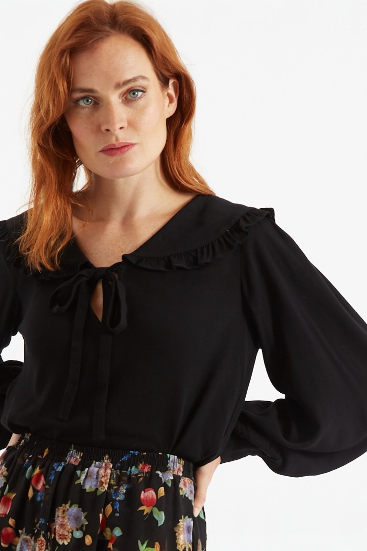 Gaela Moss Crepe Statement Collar Long Sleeve Blouse
