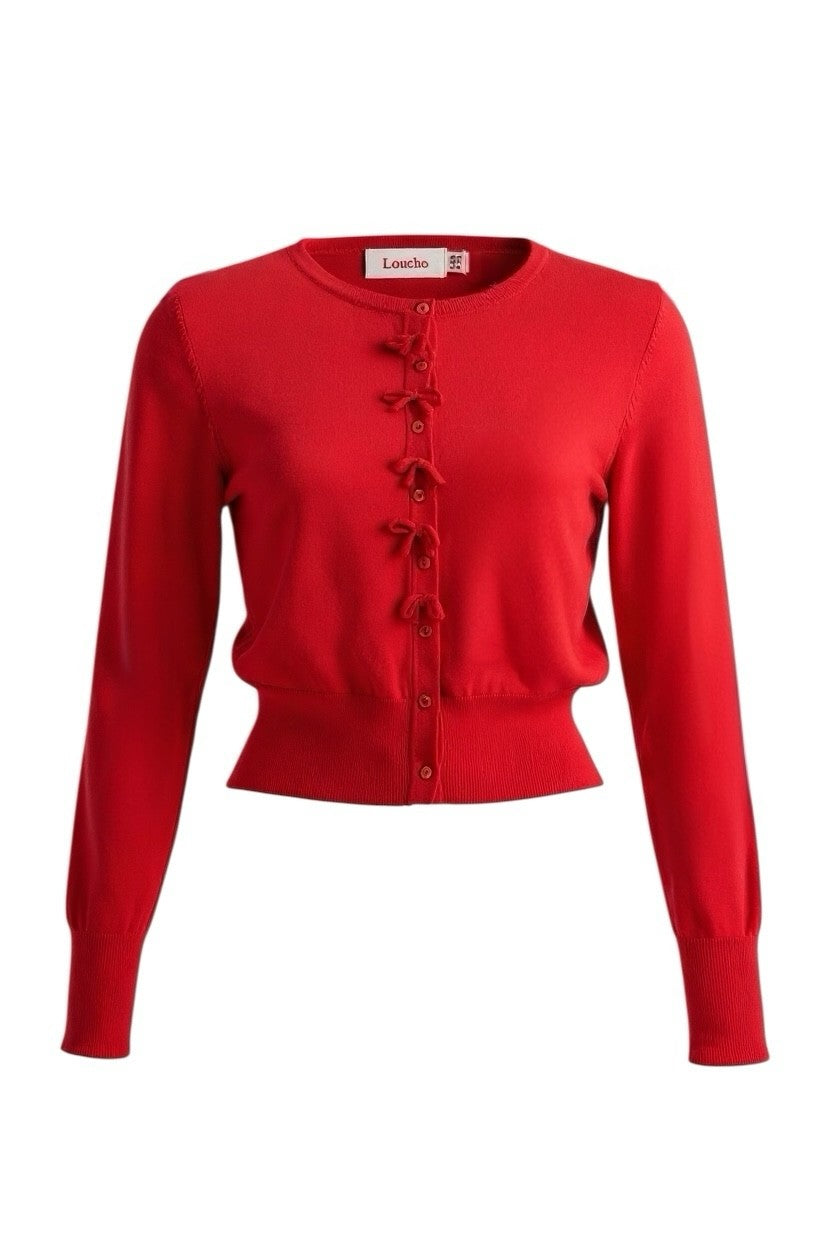 Ives Bow Trimmed Cardigan - Red - Styled