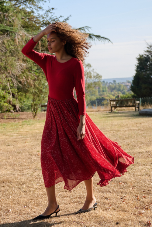 Huxley Raindrop Jersey Top Printed Circle Skirt Maxi Dress - Red