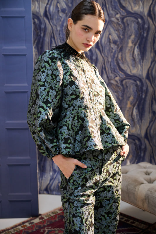 Clementine Blossom Jacquard Peplum Blouse
