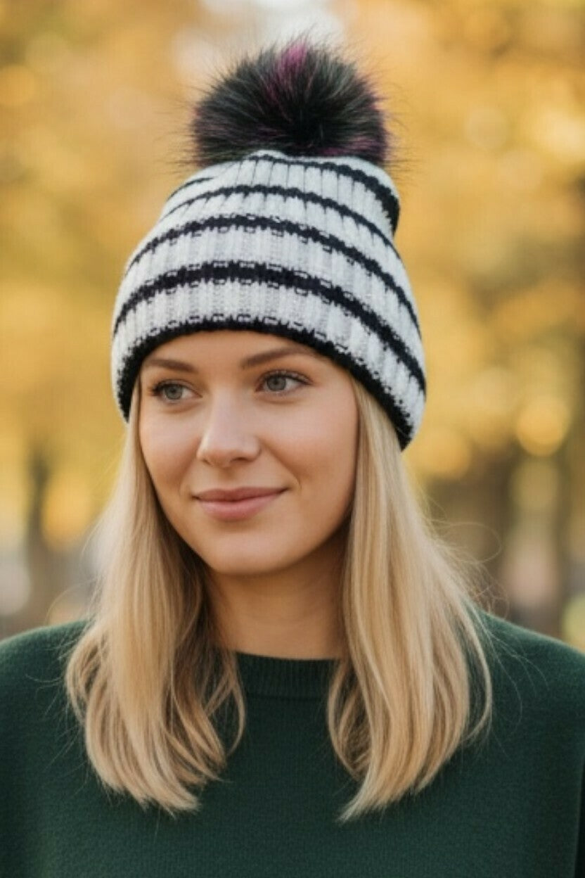 Maxwell Black & White Striped Beanie