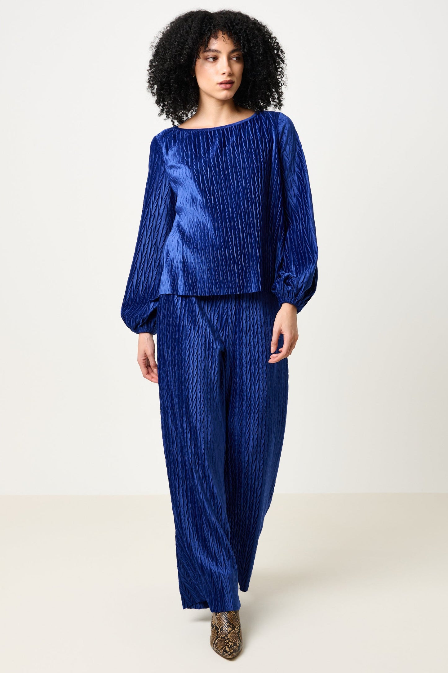 Aba Velvet Pleat Long Sleeve Top - Cobalt
