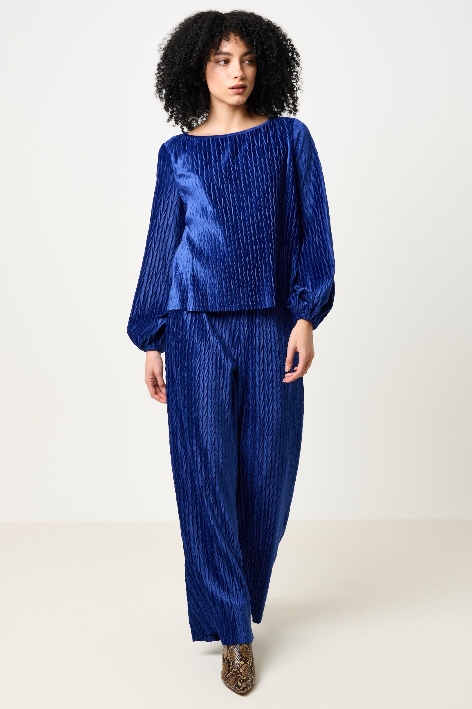 Aba Velvet Pleat Long Sleeve Top - Cobalt - Detail 2