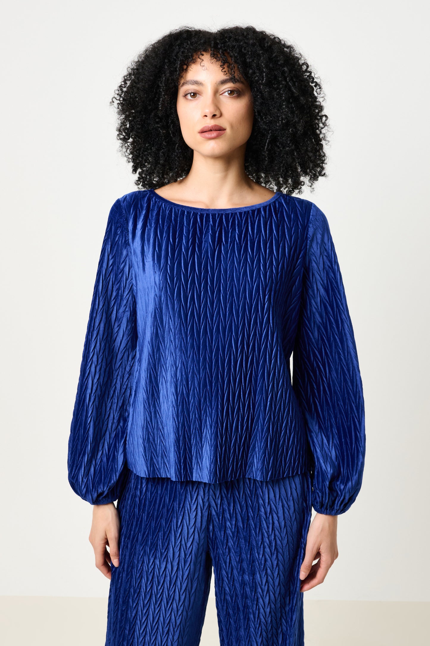 Aba Velvet Pleat Long Sleeve Top - Cobalt