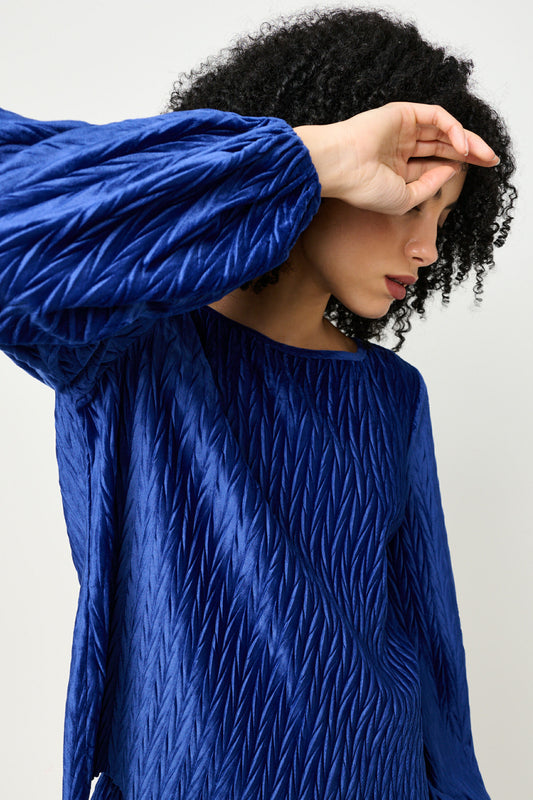 Aba Velvet Pleat Long Sleeve Top - Cobalt