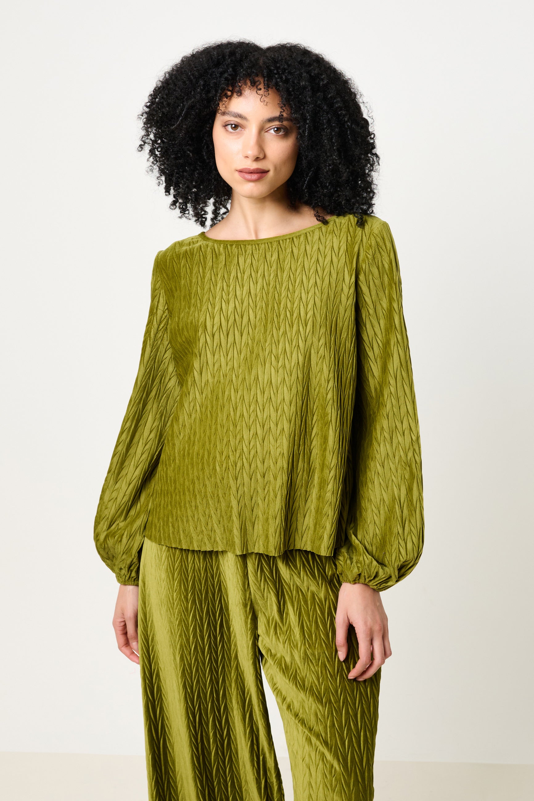 Aba Velvet Pleat Long Sleeve Top - Kiwi