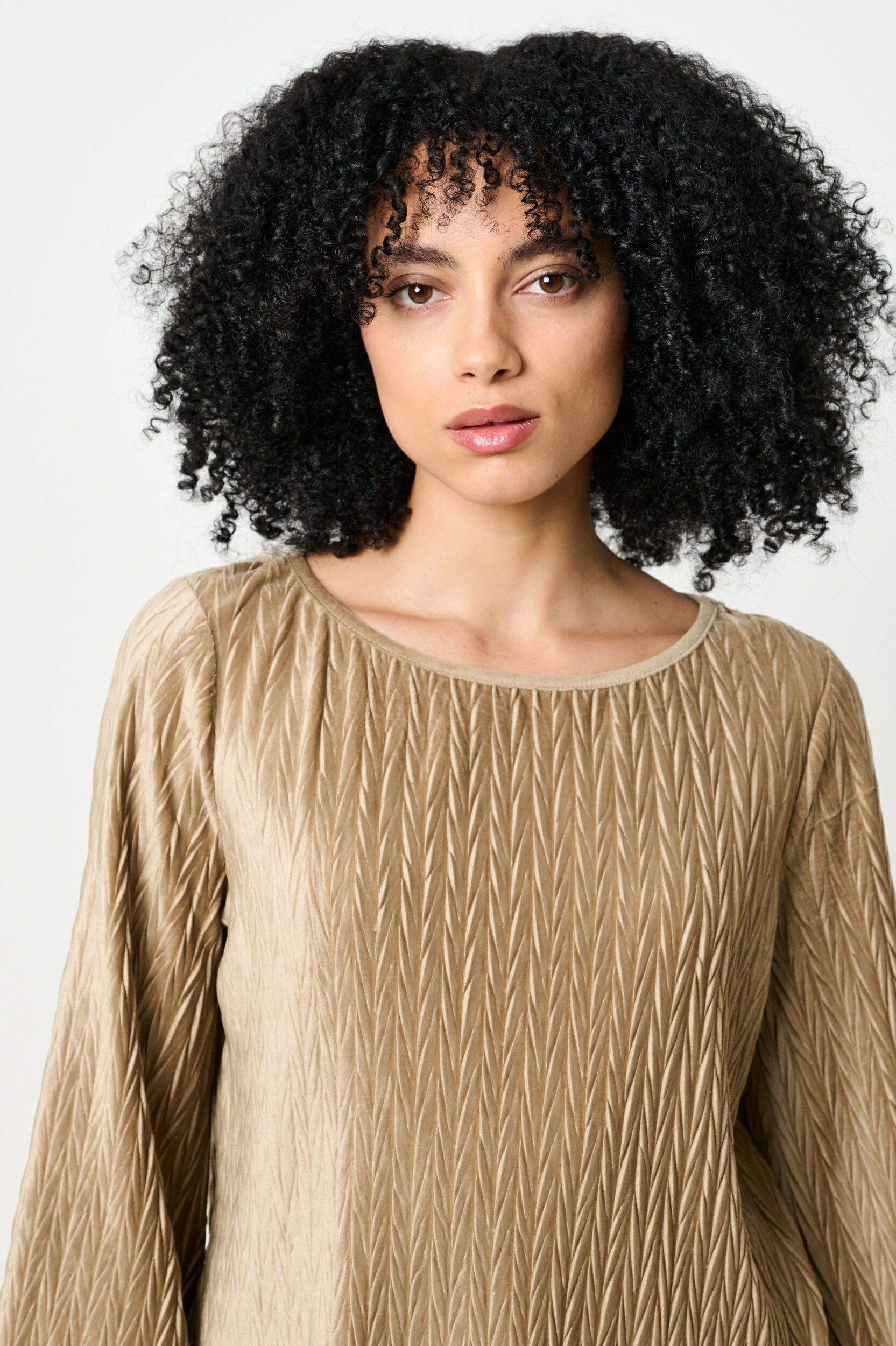 Aba Velvet Pleat Long Sleeve Top - Pale Taupe - Detail 4