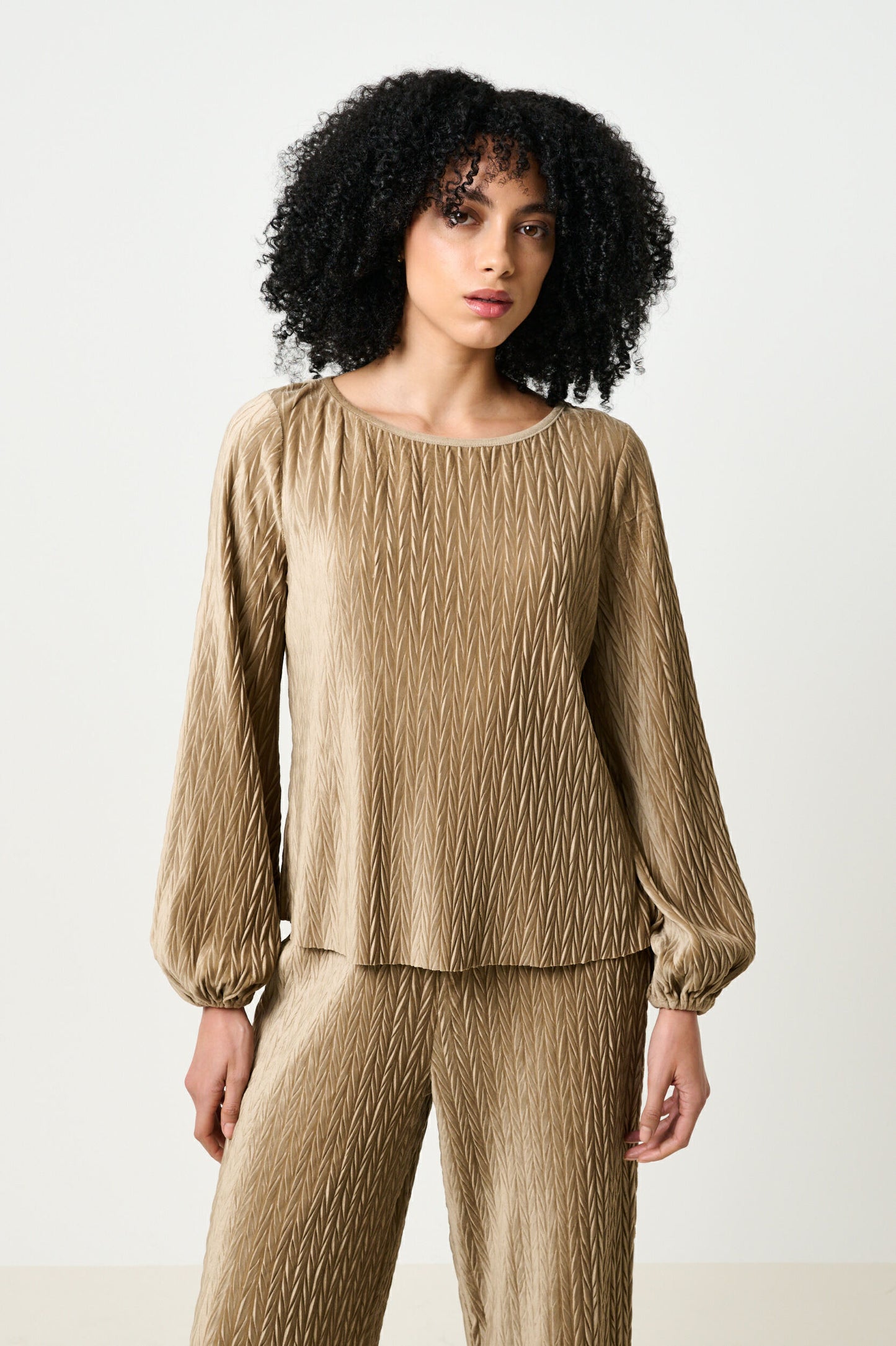 Aba Velvet Pleat Long Sleeve Top - Pale Taupe