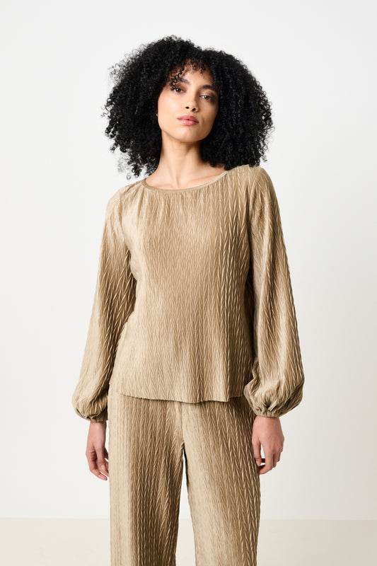 Aba Velvet Pleat Long Sleeve Top - Pale Taupe
