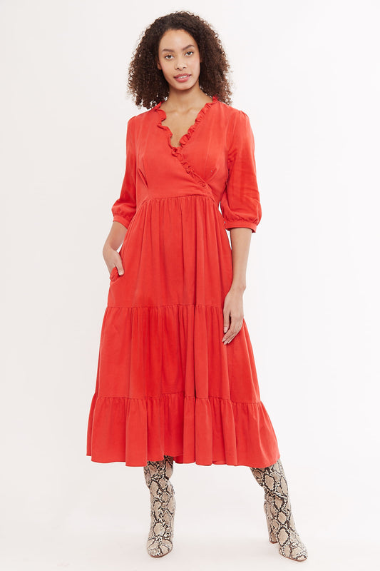 Louche Abeline Baby Cord V Neck Tie Midi Dress