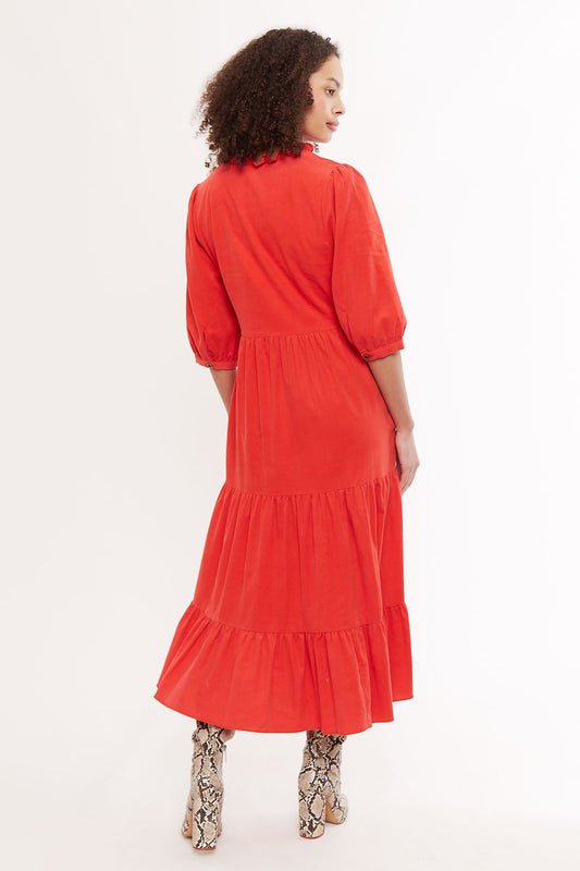 Louche Abeline Baby Cord V Neck Tie Midi Dress