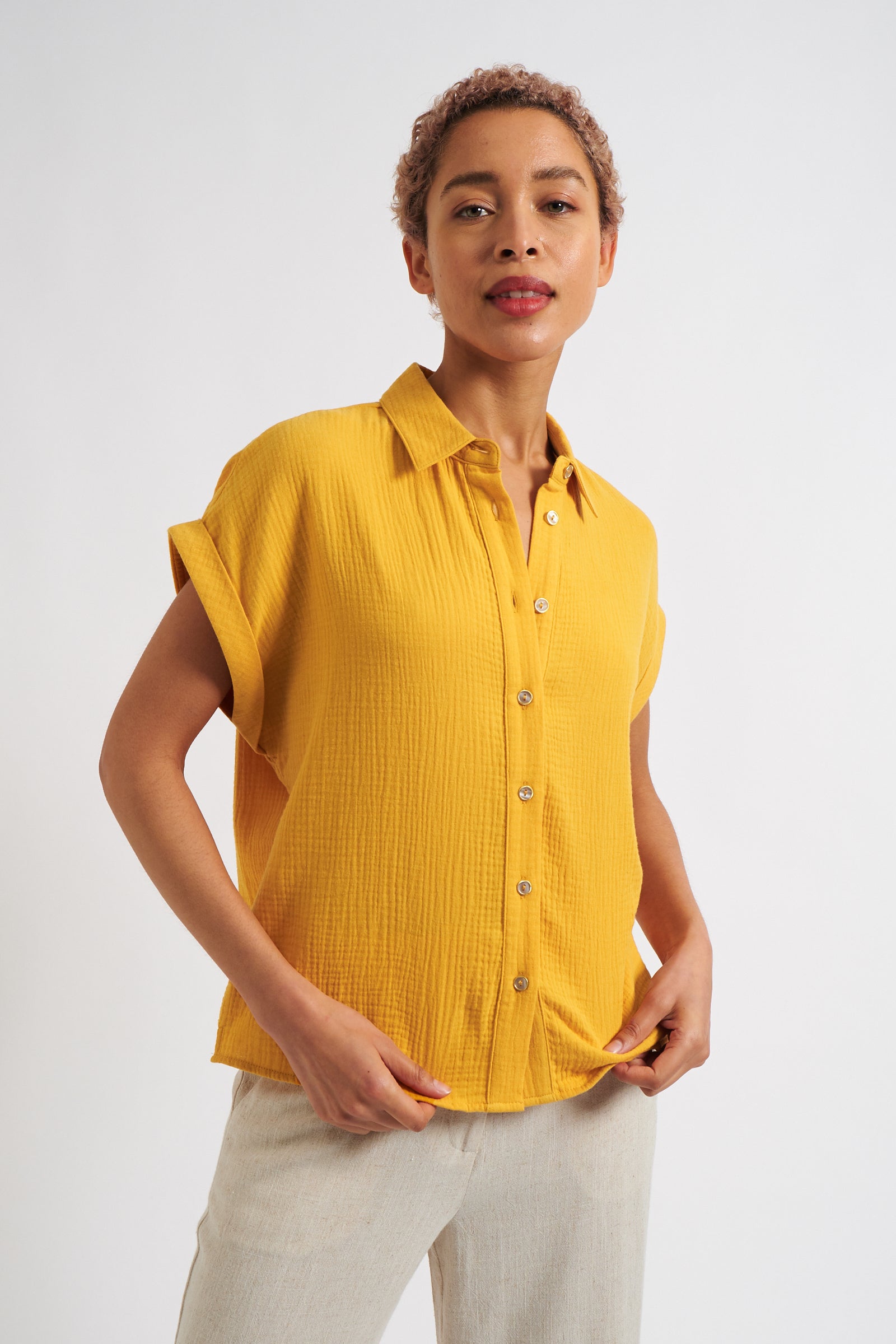 Abinaya Mustard Double Gauze Short Sleeved Shirt
