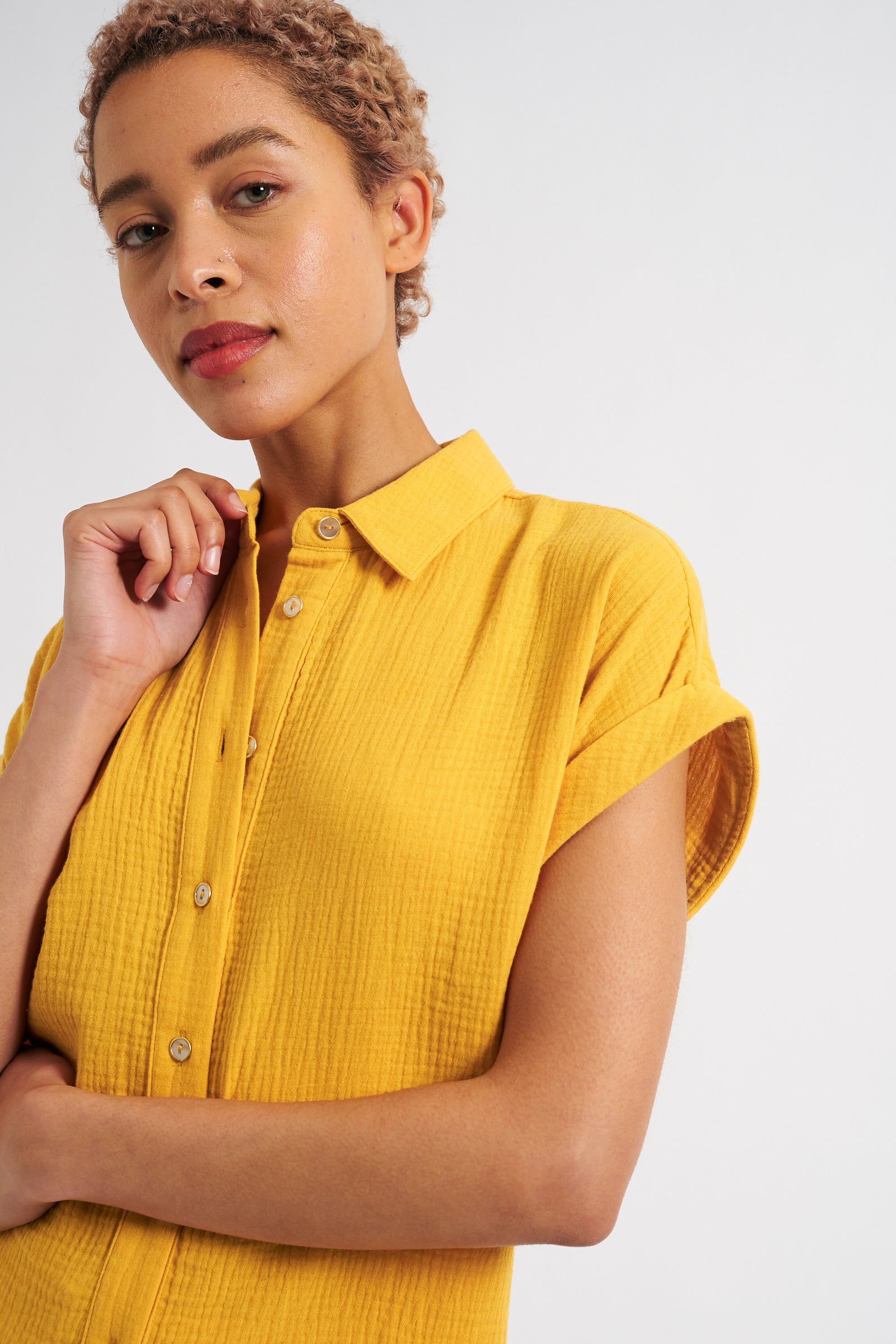 Abinaya Mustard Double Gauze Short Sleeved Shirt