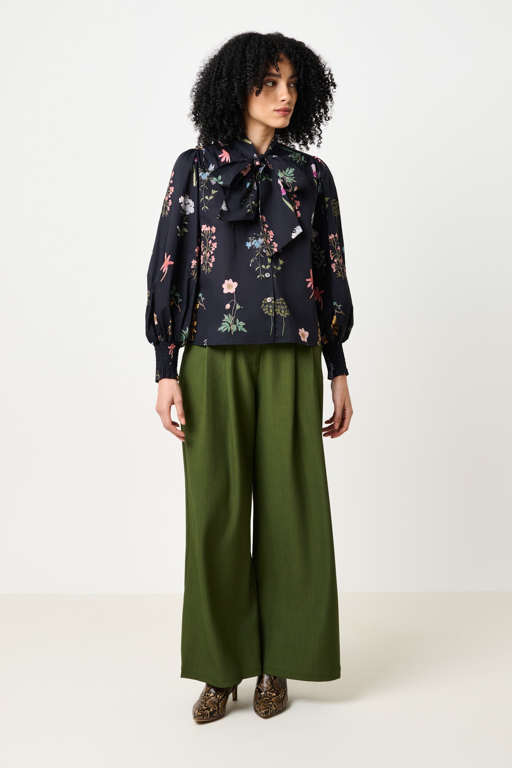 Aditi Flower Press Print Tie Neck Blouse