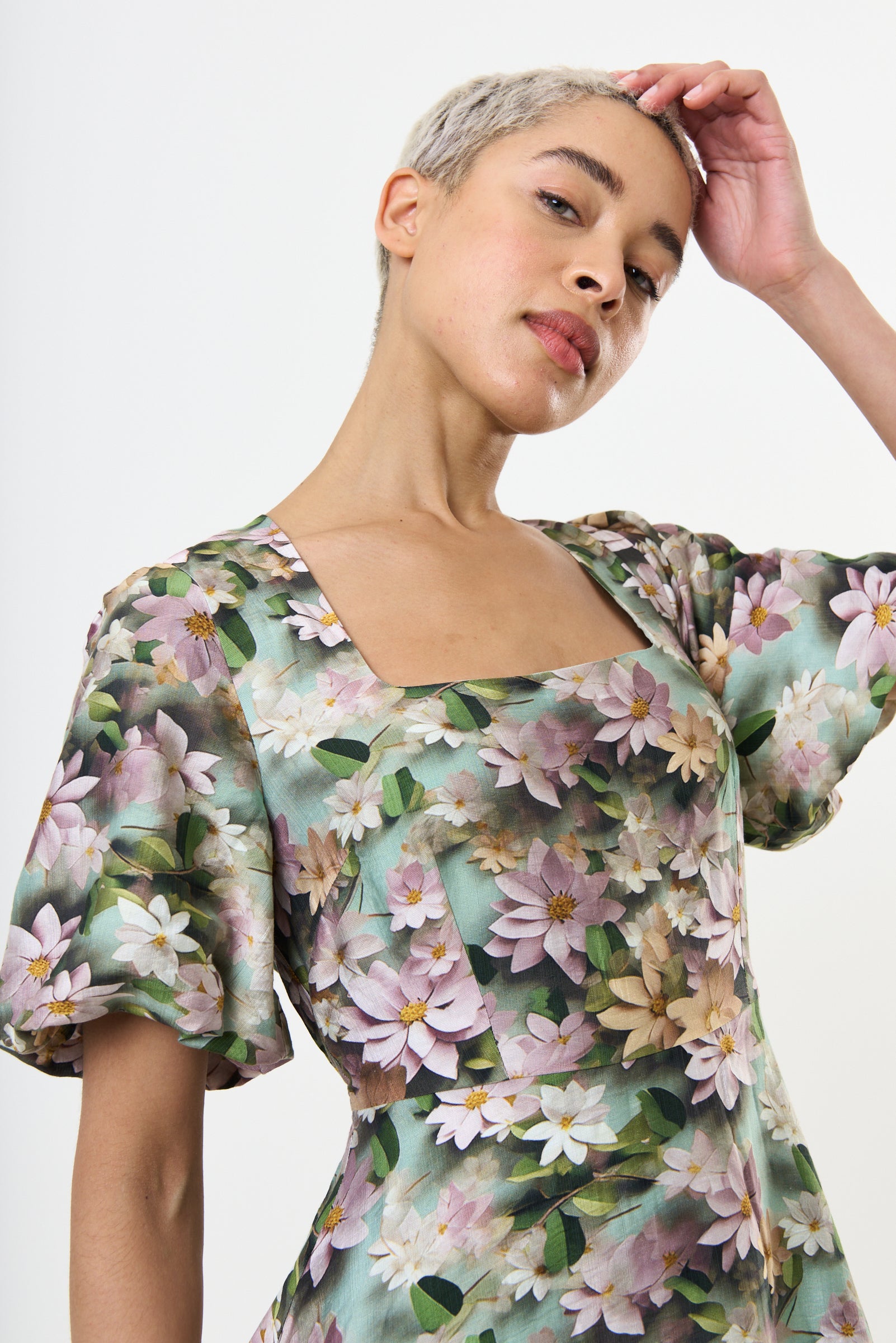 Agata 3D Daisy Print Mini Dress - Green