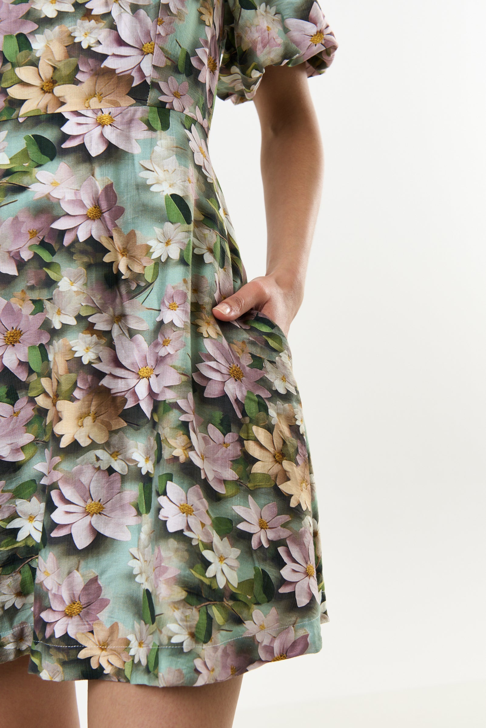 Agata 3D Daisy Print Mini Dress - Green