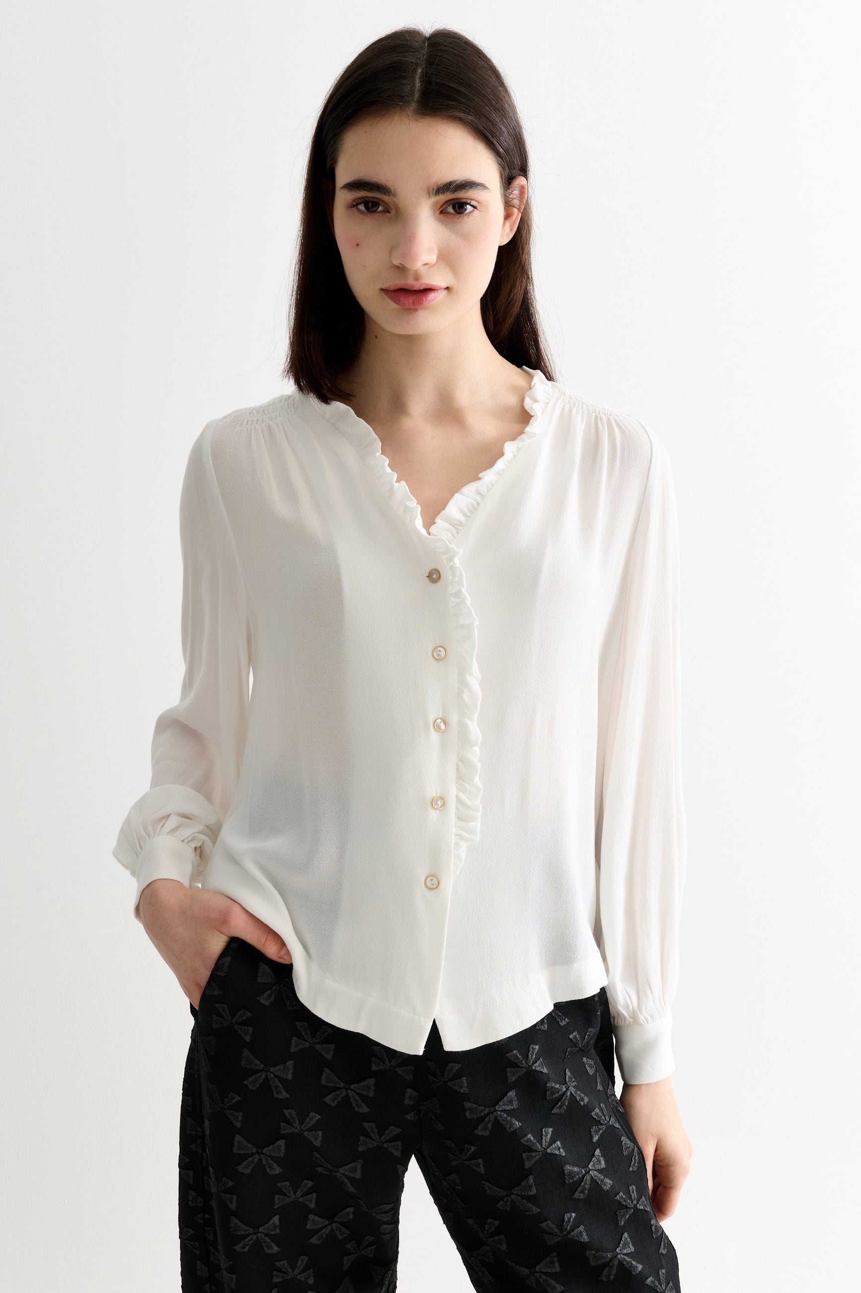 Alegra Moss Crepe Frill V-Neck Blouse