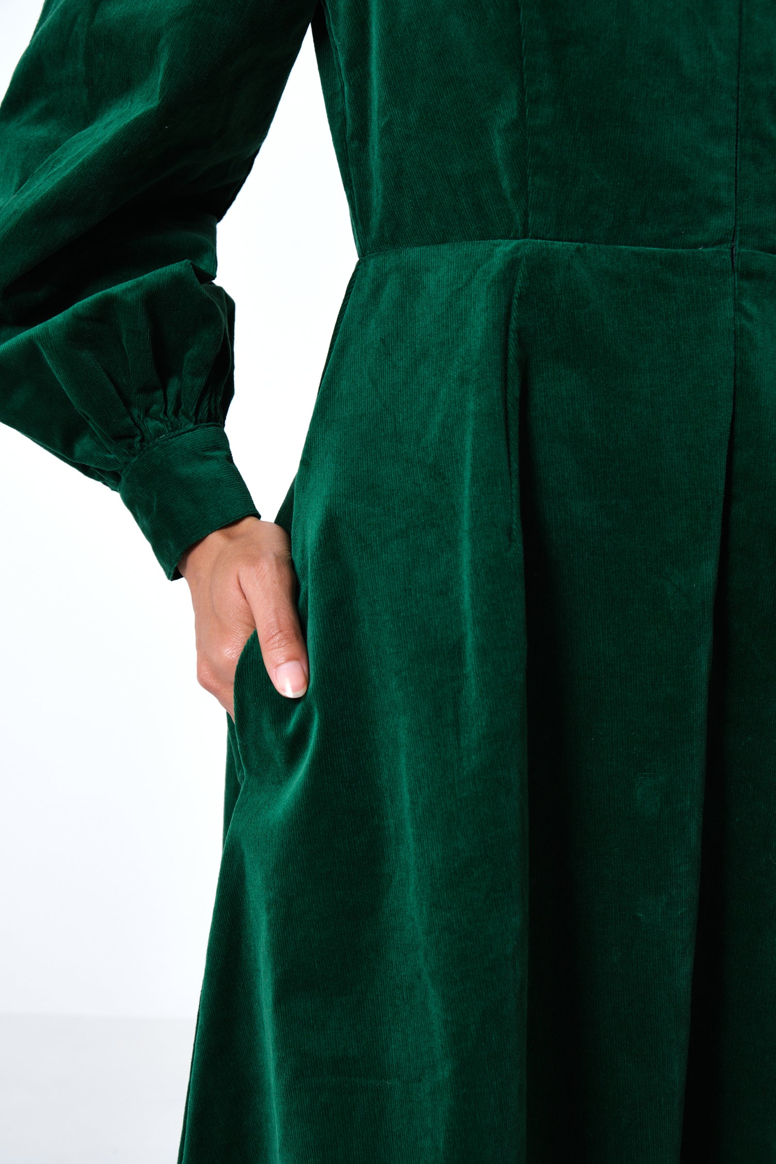 Alva Babycord Long Sleeve Midi Dress - Dark Green - Detail 1