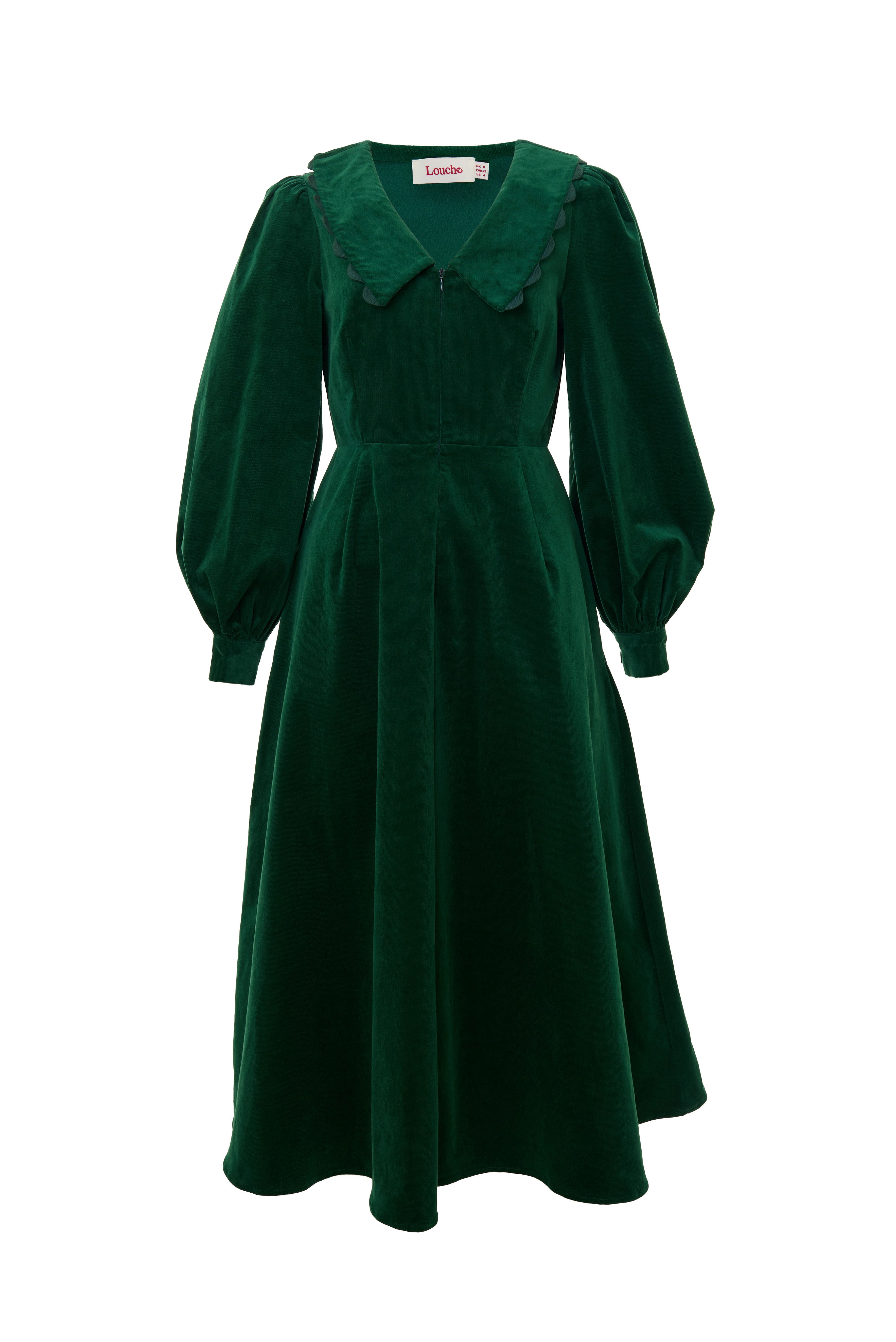 Alva Babycord Long Sleeve Midi Dress - Dark Green - Styled
