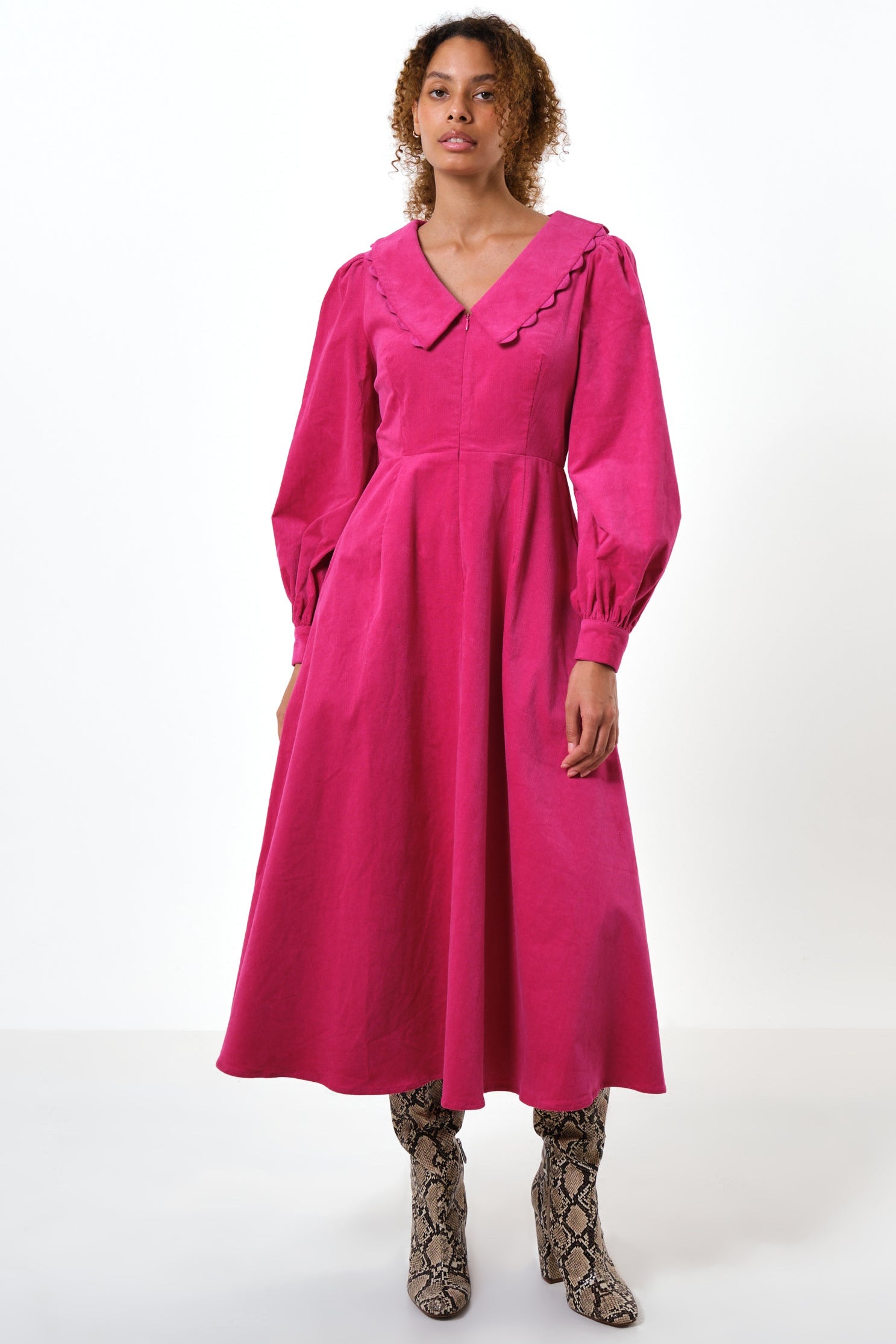 Alva Babycord Long Sleeve Midi Dress - Pink