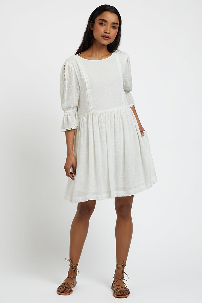 Amarine Self Dot Square Back 3/4 Sleeve Mini Dress - White