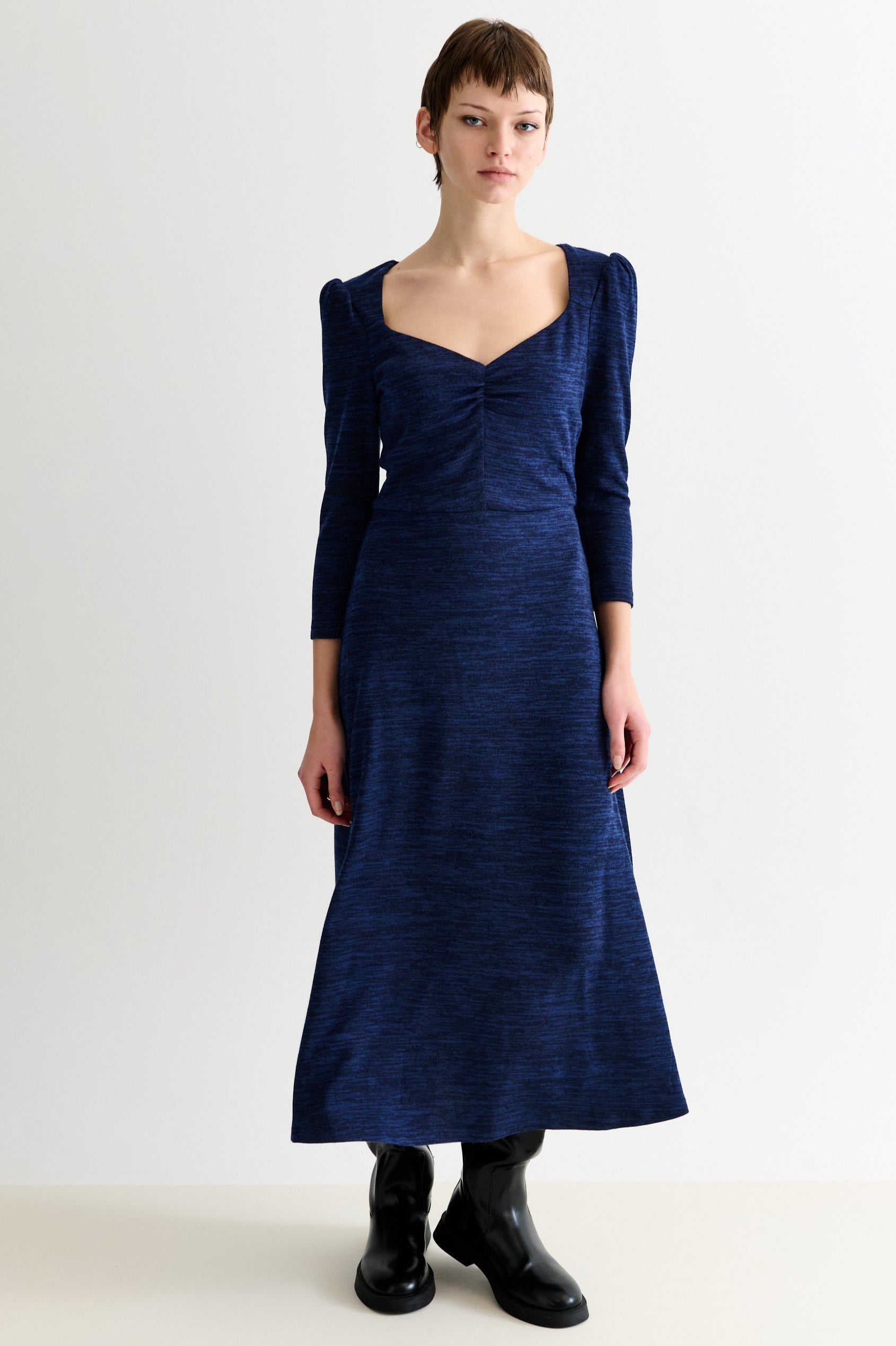Ambrose Sustainable Marl Sweetheart Neck Midi Dress – Navy