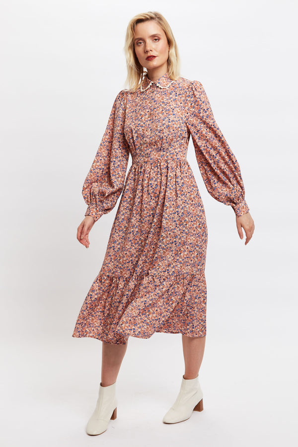 Louche Anda Dainty Ditsy Print Long Sleeve Tie Midi Dress - Front