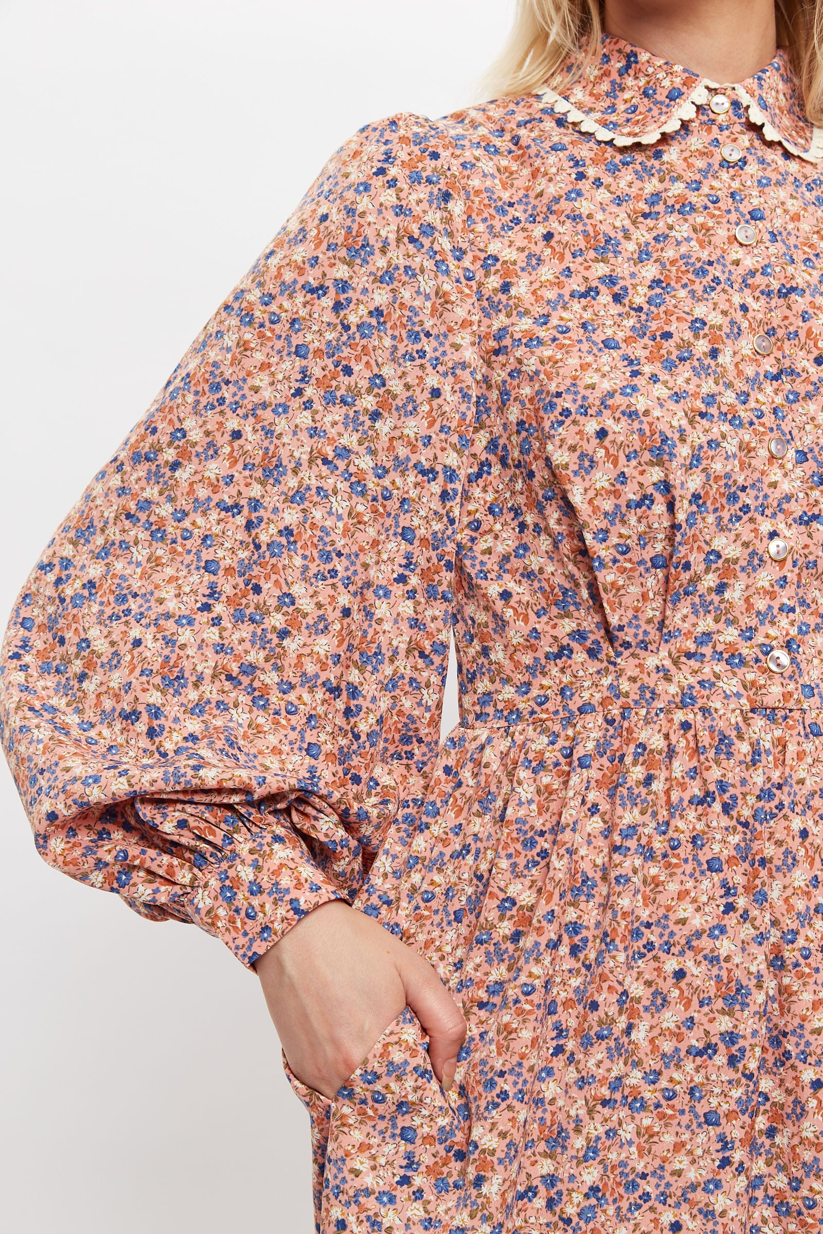 Louche Anda Dainty Ditsy Print Long Sleeve Tie Midi Dress - Detail 2