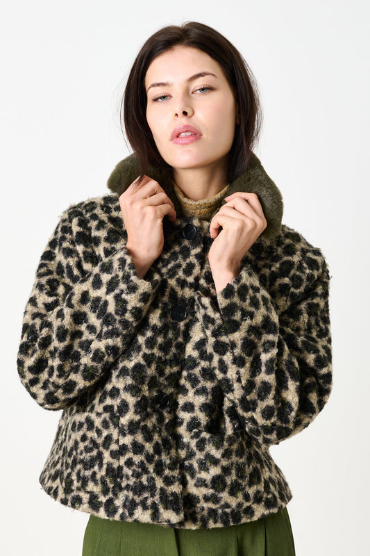 Apple Animal Teddy Faux Fur Collar Jacket - Green