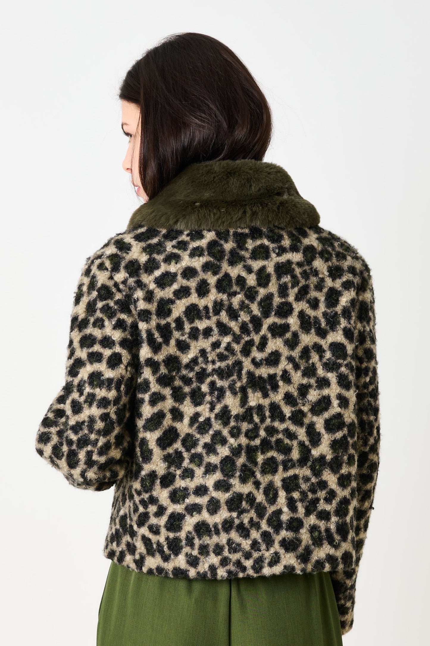 Apple Animal Teddy Faux Fur Collar Jacket - Green
