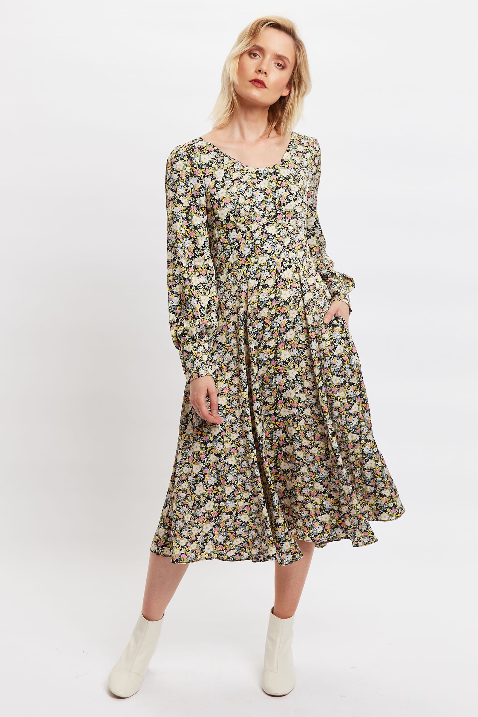 Louche Arwen Petal Parade Print V Back Midi Dress