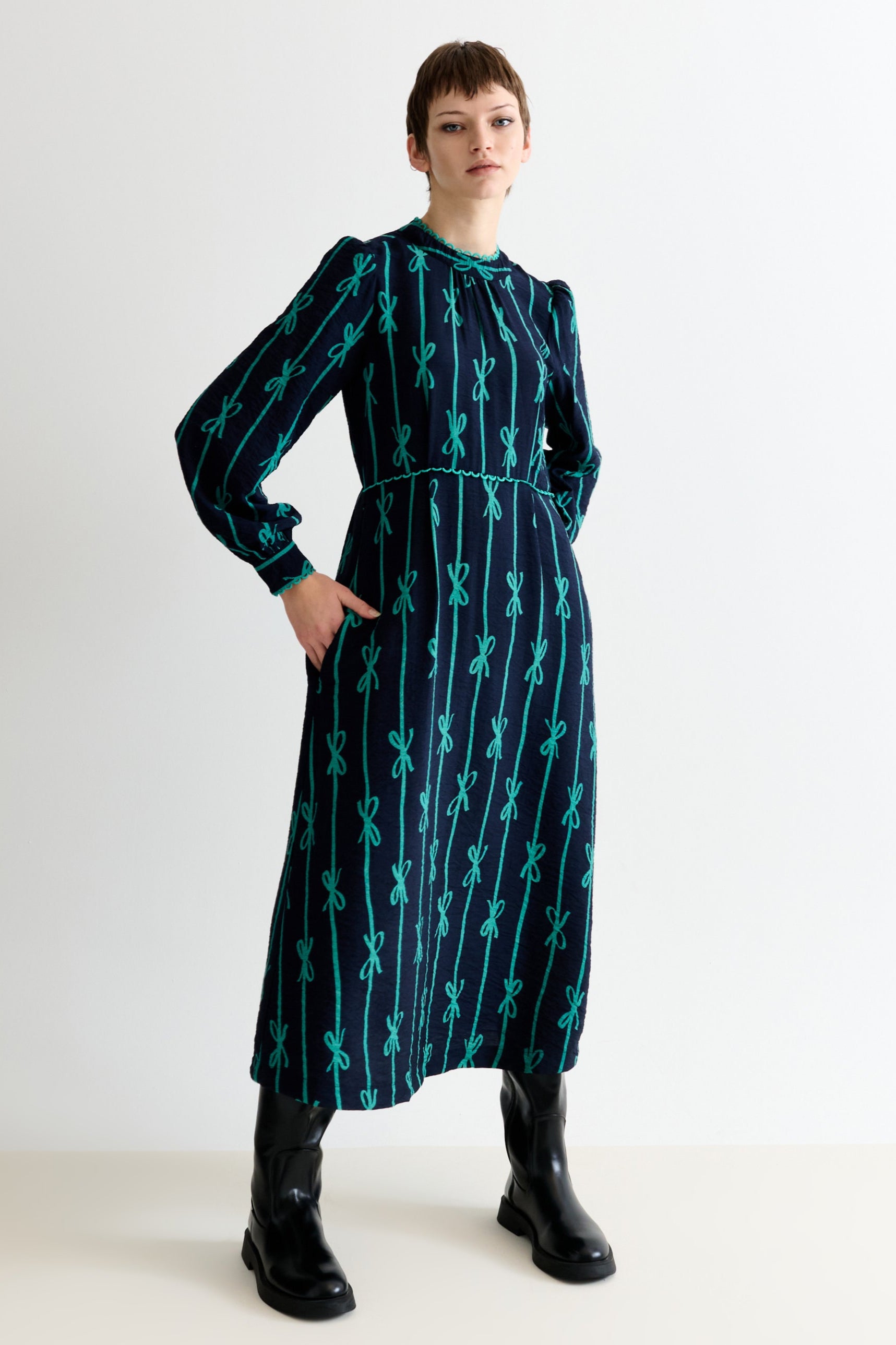 Avon Tie Up High Neck Long Sleeve Midi Dress – Navy