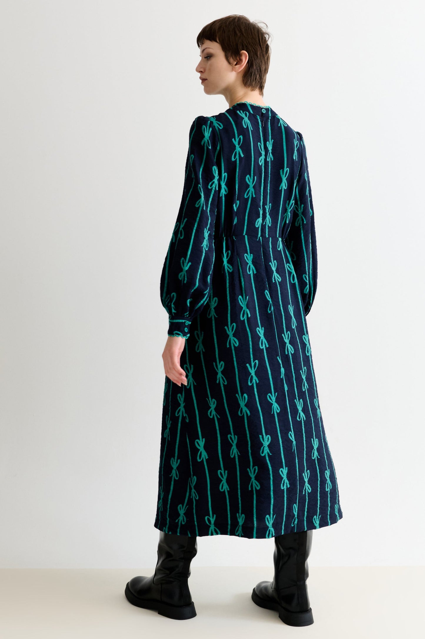 Avon Tie Up High Neck Long Sleeve Midi Dress – Navy
