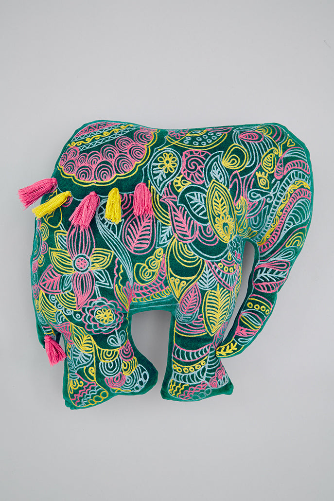 Velvet Embroidered Elephant Cushion
