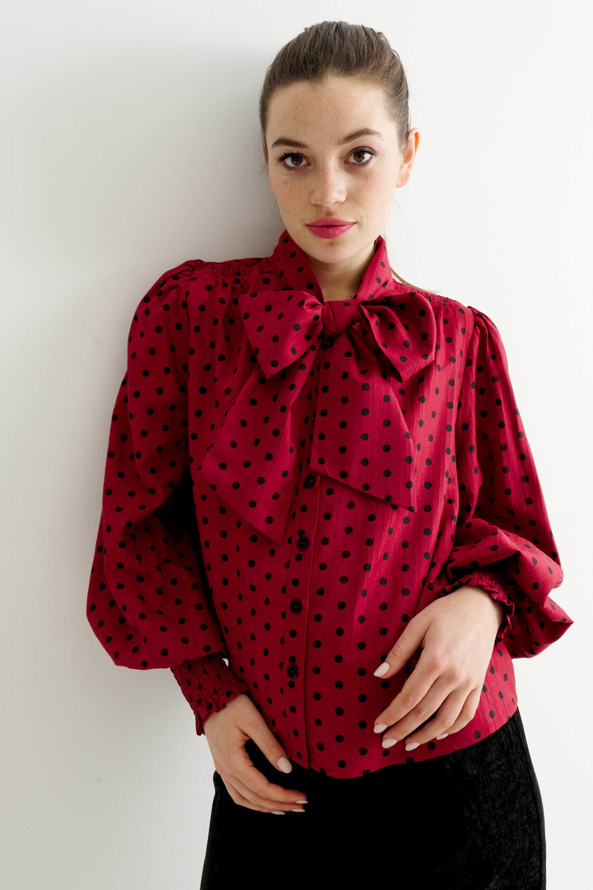 Aditi Spot Tie Neck Blouse - Wine
