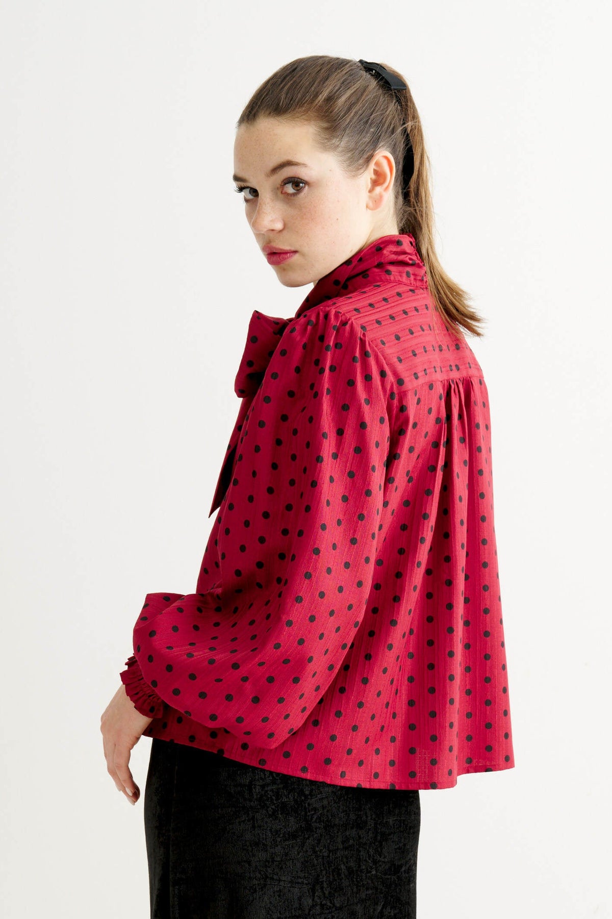 Aditi Spot Tie Neck Blouse - Wine