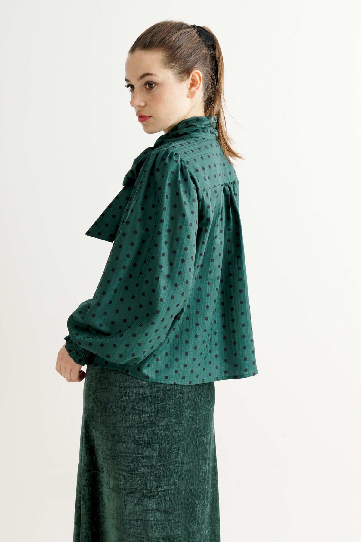 Aditi Spot Tie Neck Blouse - Forest Green