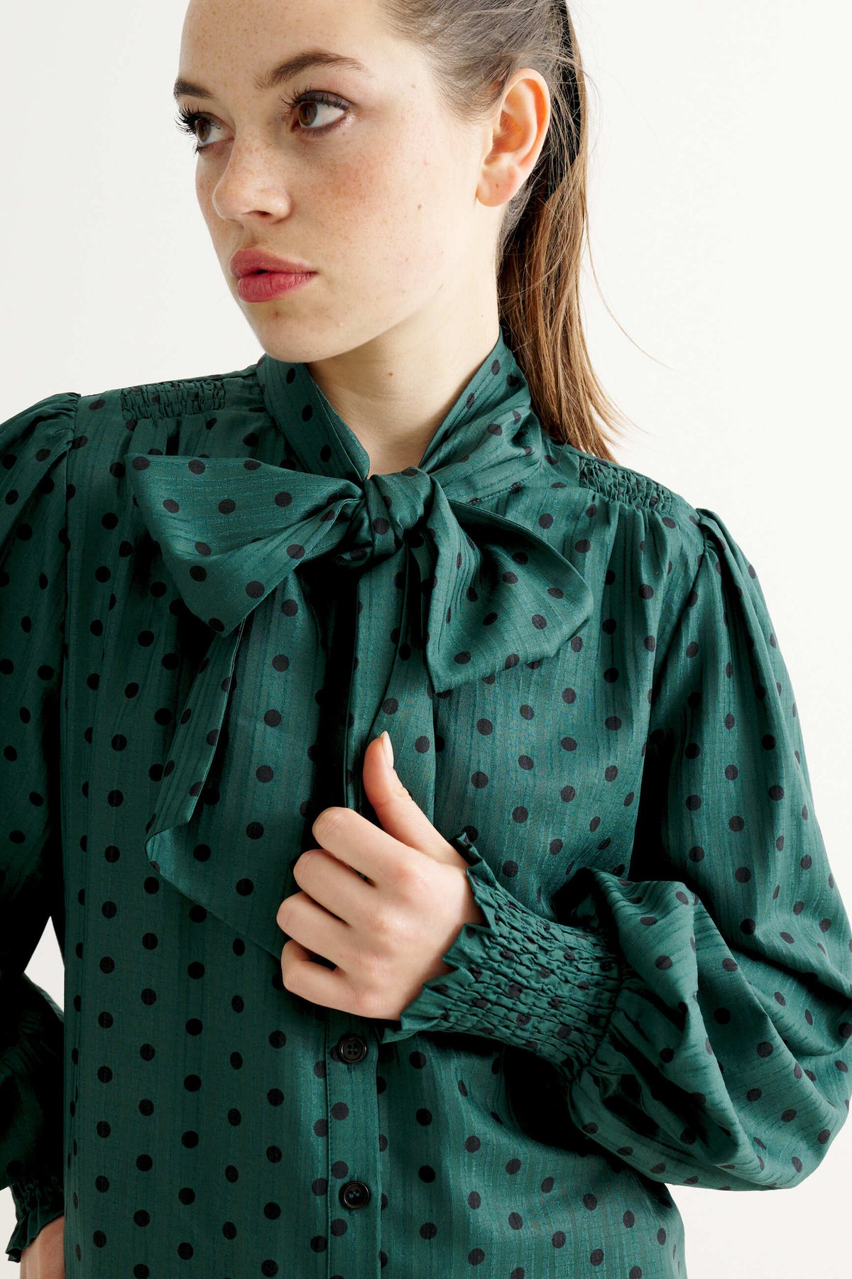 Aditi Spot Tie Neck Blouse - Forest Green