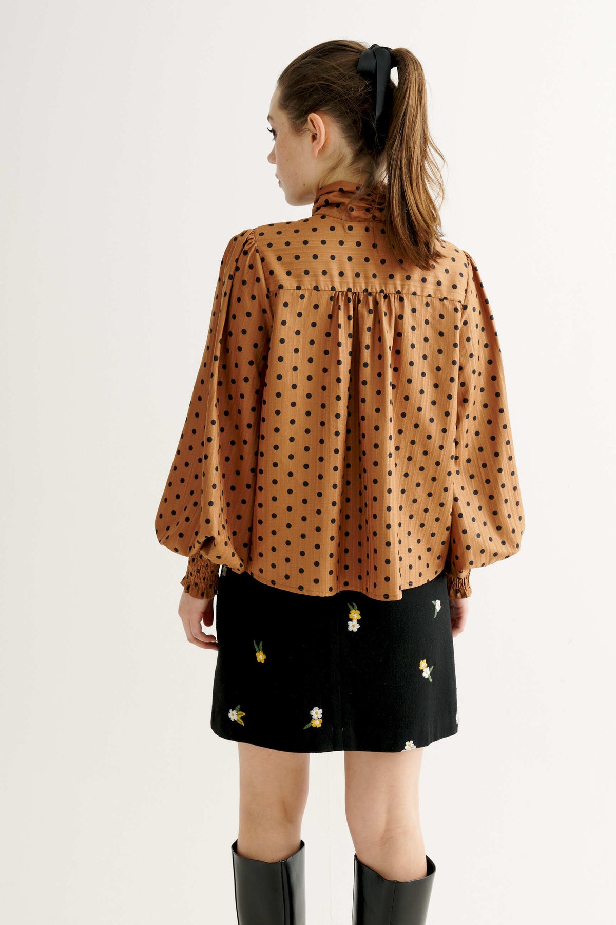 Aditi Spot Tie Neck Blouse - Toffee
