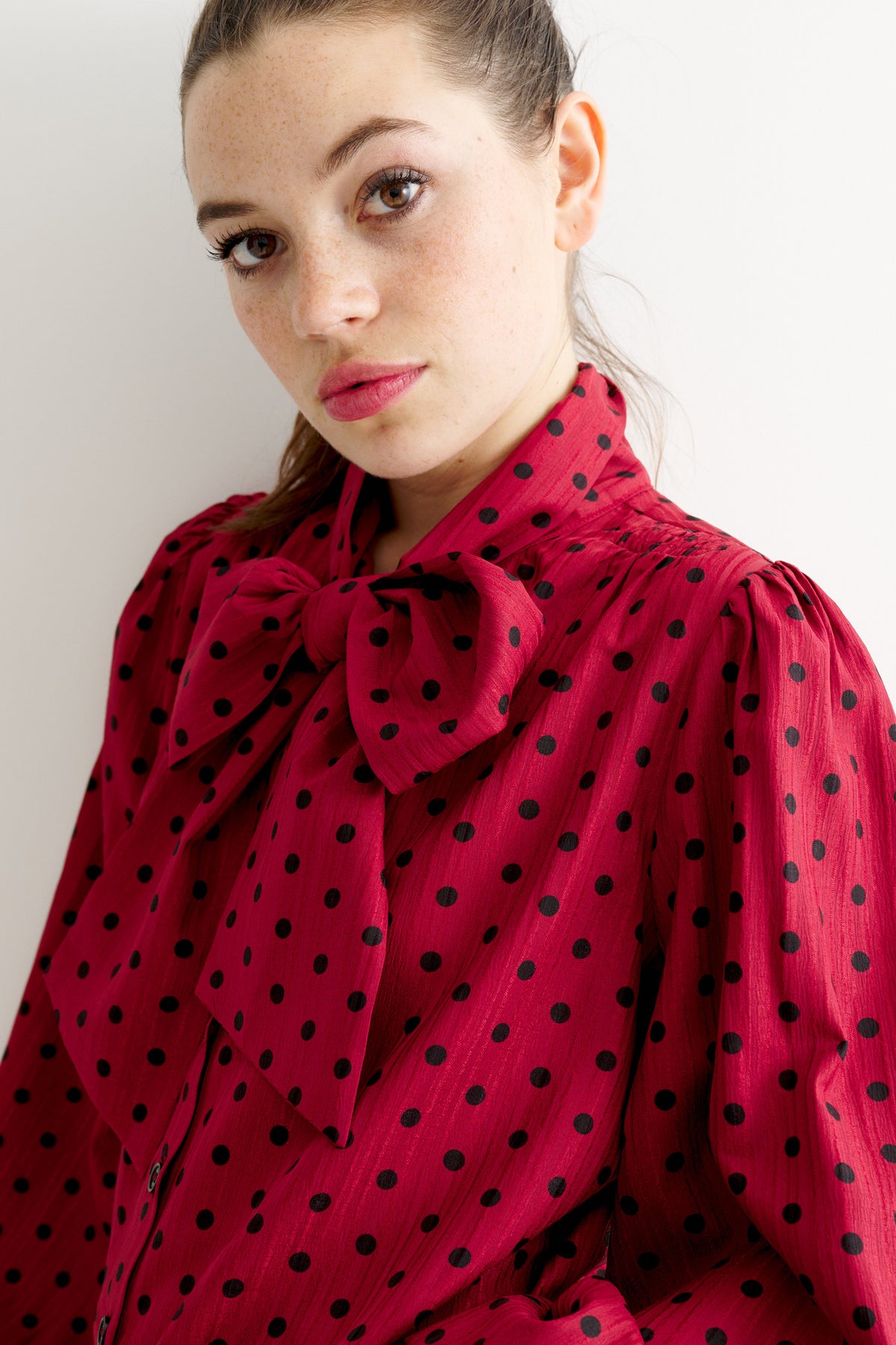 Aditi Spot Tie Neck Blouse - Wine