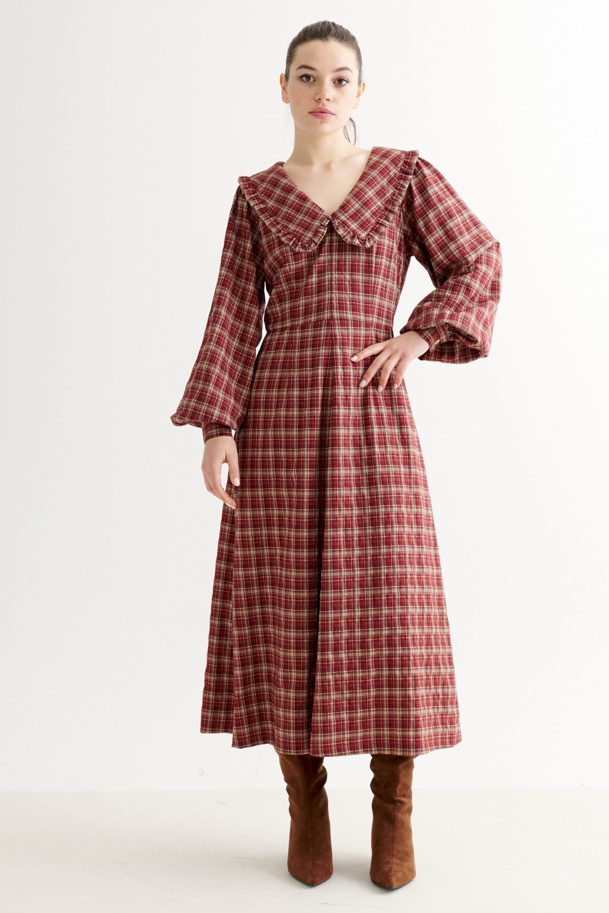 Alva Shadow Check Long Sleeve Midi Dress - Russet